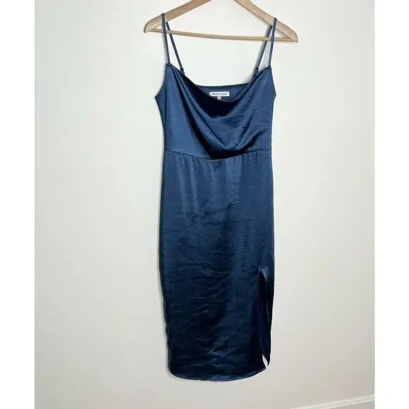 Heartloom Oliver Midi Slip Dress XS Blue Satin Side Slit Cocktail Night Out - Picture 3 of 14